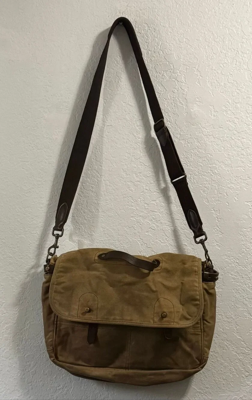 J. CREW MENS ABINGDON BRIEFCASE MESSENGER LAPTOP BAG BROWN KHAKI LEATHER WAXED